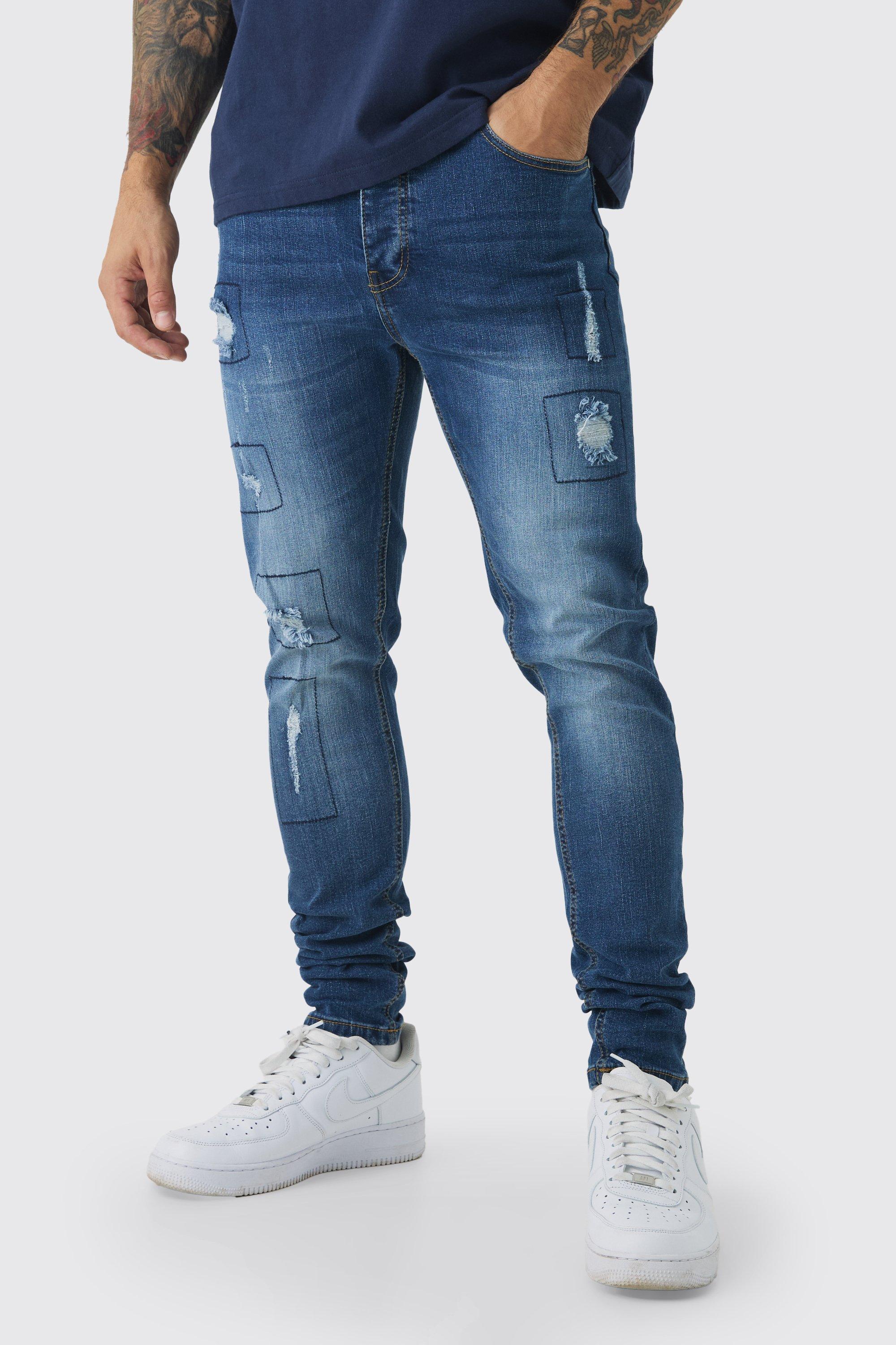 Mens Blue Skinny Stretch Rip & Repair Patchwork Jeans, Blue